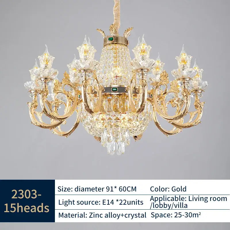 Elegant duplex crystal chandelier gold living room light