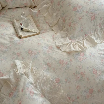 Elegant floral lace ruffles bedding set cream bedroom duvet set