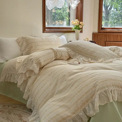 Elegant floral lace ruffles bedding set cream bedroom duvet set