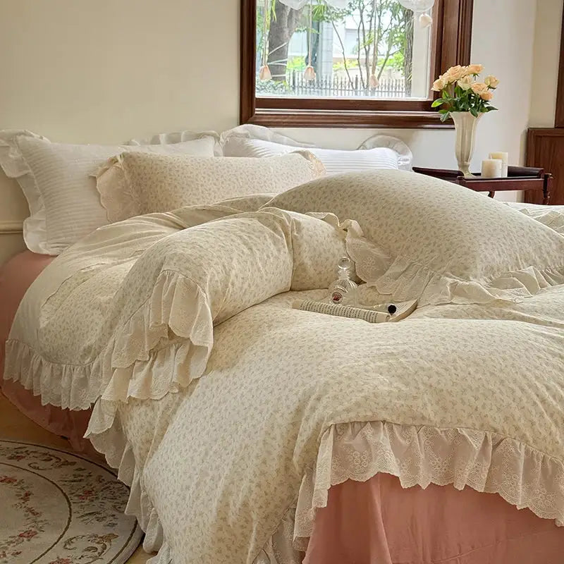 Elegant floral lace ruffles bedding set cream bedroom duvet set