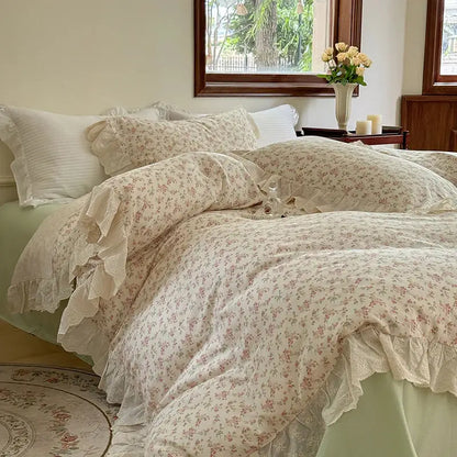 Elegant floral lace ruffles bedding set cream bedroom duvet set