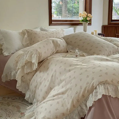 Elegant floral lace ruffles bedding set cream bedroom duvet set