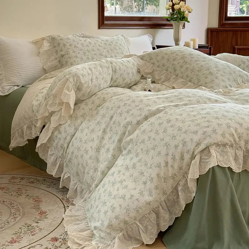 Elegant floral lace ruffles bedding set cream bedroom duvet set