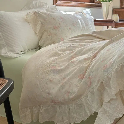 Elegant floral lace ruffles bedding set cream bedroom duvet set