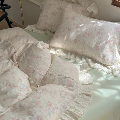 Elegant floral lace ruffles bedding set cream bedroom duvet set