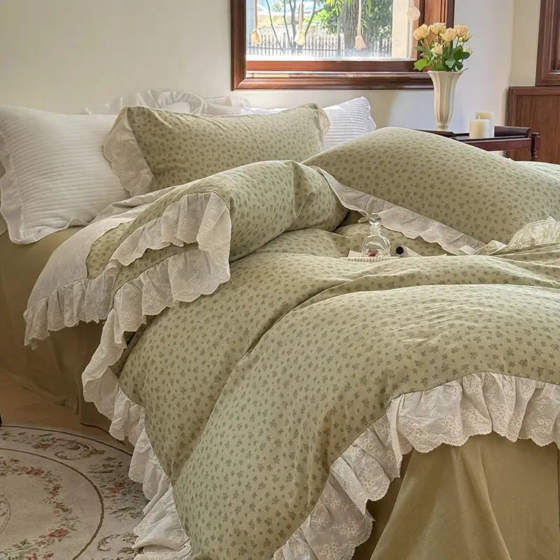 Elegant floral lace ruffles bedding set cream bedroom duvet set
