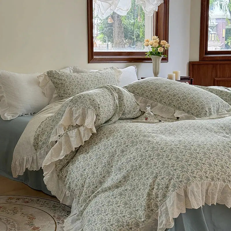 Elegant floral lace ruffles bedding set cream bedroom duvet set