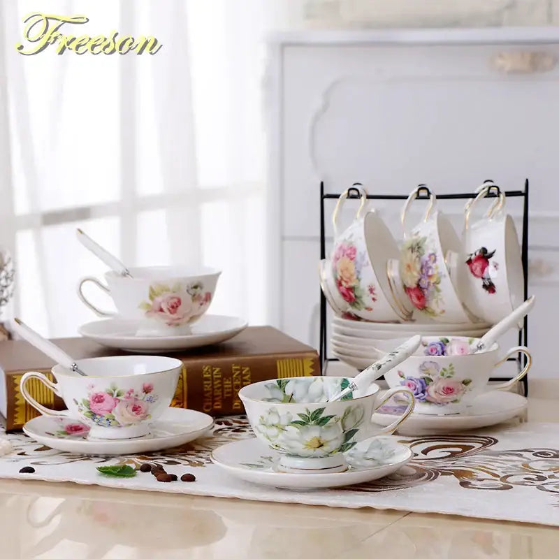 Elegant floral porcelain tea cup set – dining room gold trim rose cup