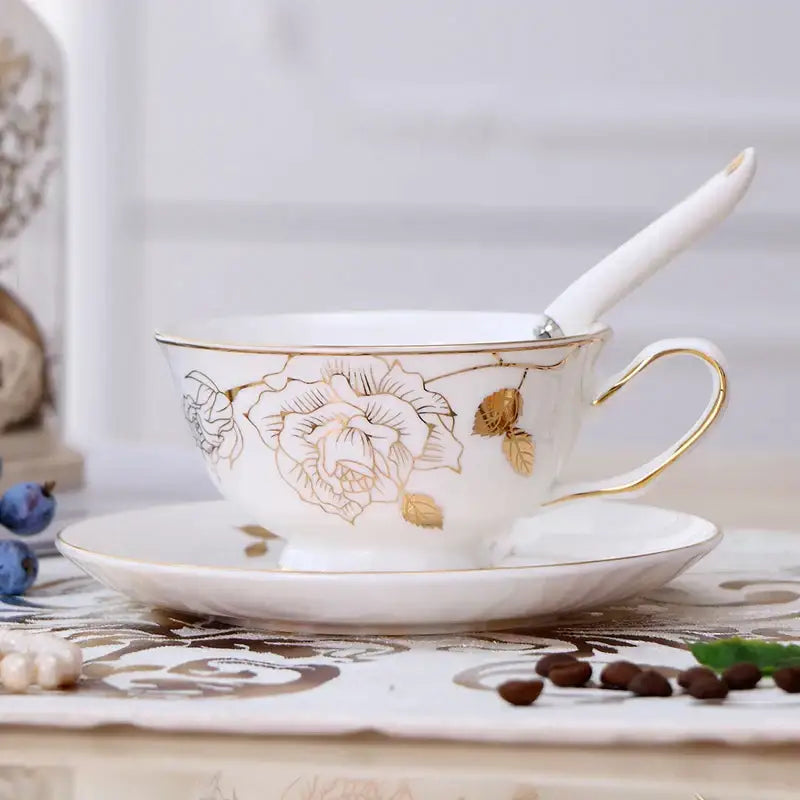 Elegant floral porcelain tea cup set – dining room gold trim rose cup