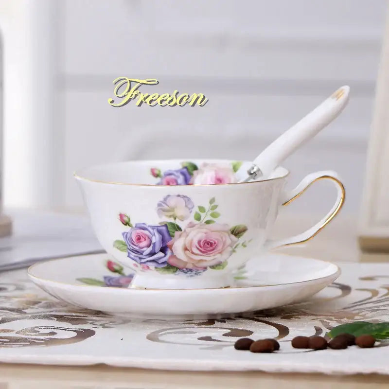 Elegant floral porcelain tea cup set – dining room gold trim rose cup