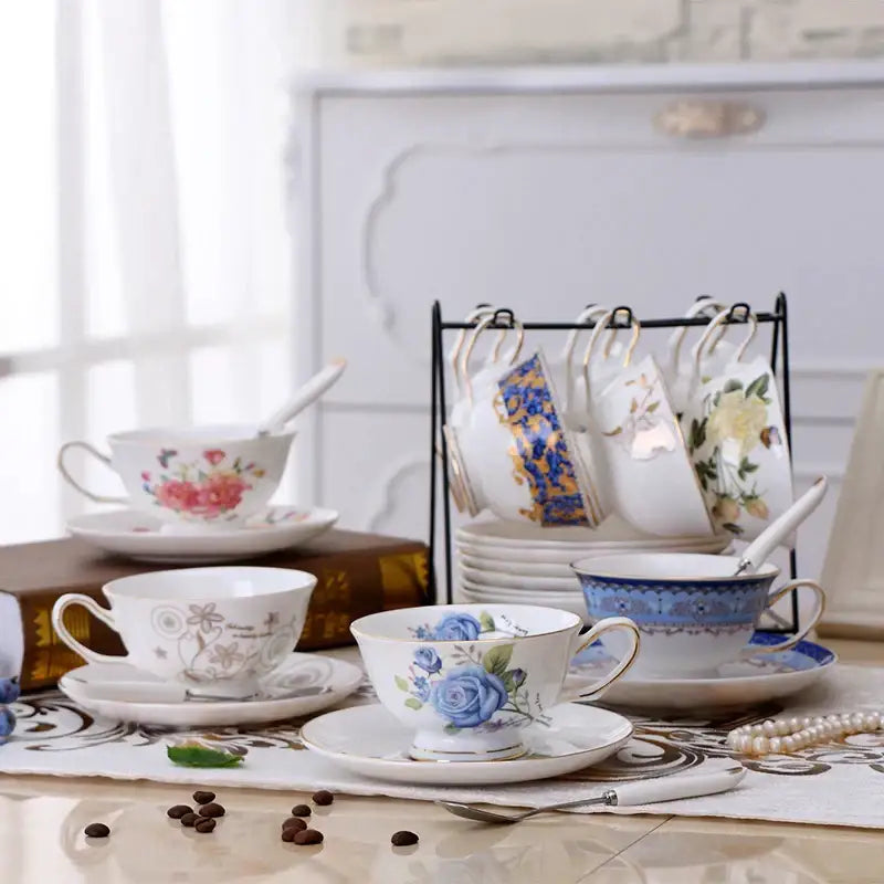 Elegant floral porcelain tea cup set – dining room gold trim rose cup