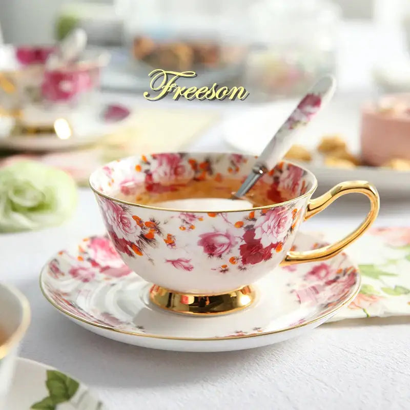 Elegant floral tea set pink & orange dining room bone china cup