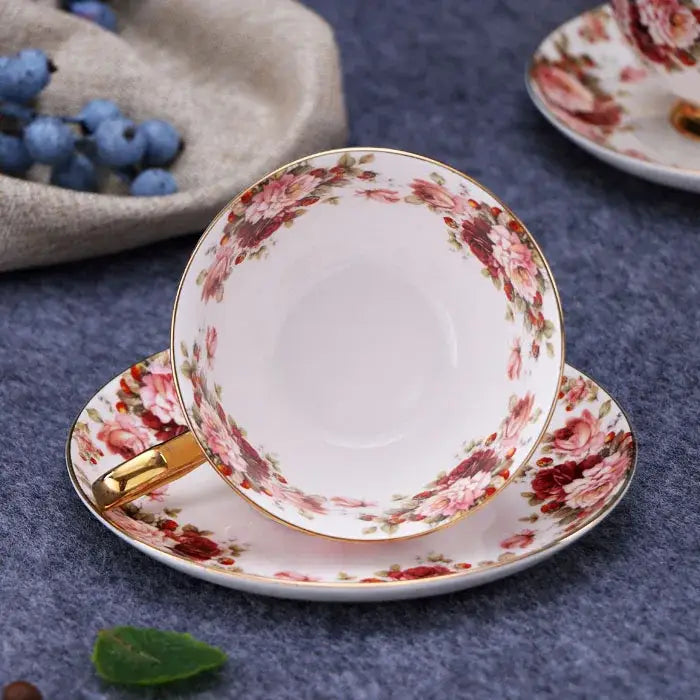 Elegant floral tea set pink & orange dining room bone china cup