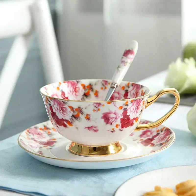 Elegant floral tea set pink & orange dining room bone china cup