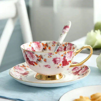 Elegant floral tea set pink & orange dining room bone china cup