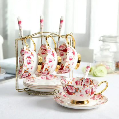 Elegant floral tea set pink & orange dining room bone china cup