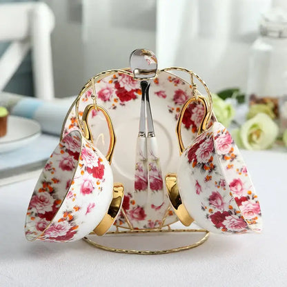 Elegant floral tea set pink & orange dining room bone china cup