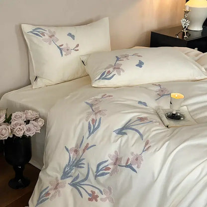 Elegant flower embroidery cream satin bedding set bedroom decor