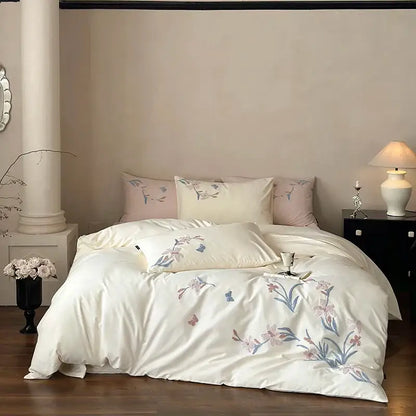 Elegant flower embroidery cream satin bedding set bedroom decor
