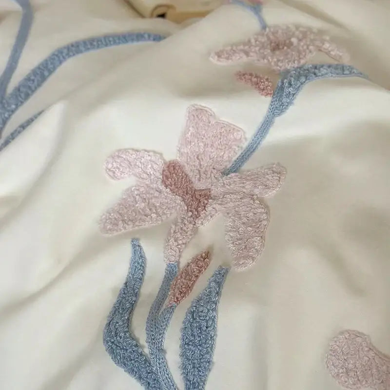 Elegant flower embroidery cream satin bedding set bedroom decor