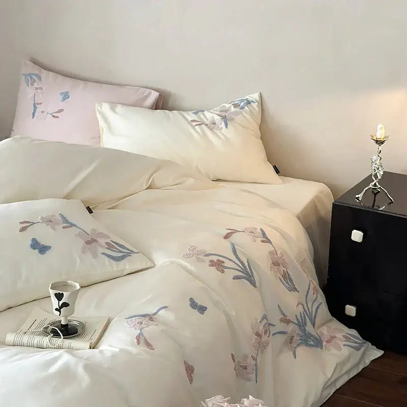 Elegant flower embroidery cream satin bedding set bedroom decor