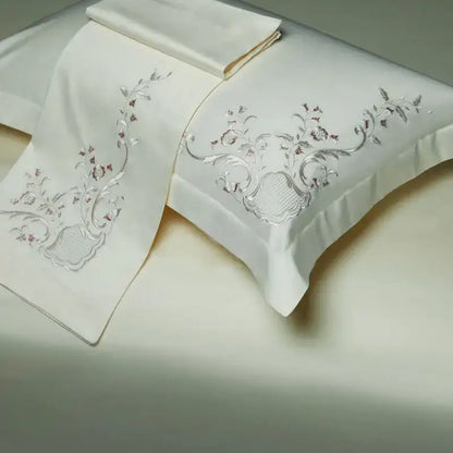 Elegant flowers embroidery cream satin bedding set bedroom duvet cover