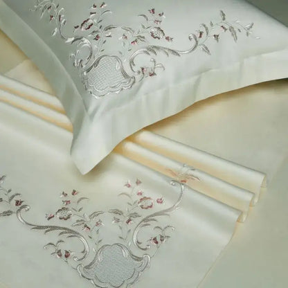 Elegant flowers embroidery cream satin bedding set bedroom duvet cover