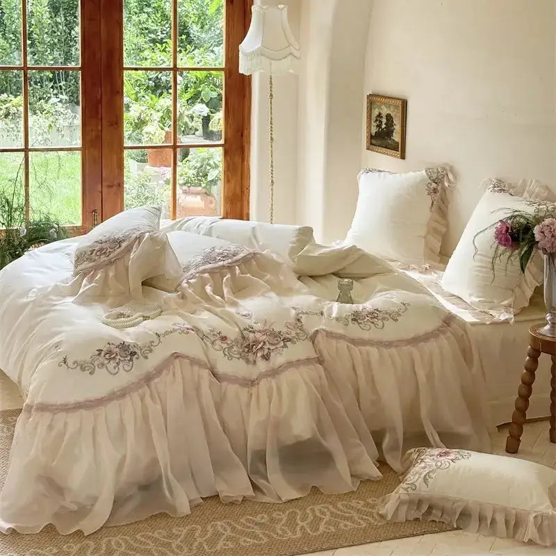 Elegant flowers embroidery lace bedding set bedroom cream cotton