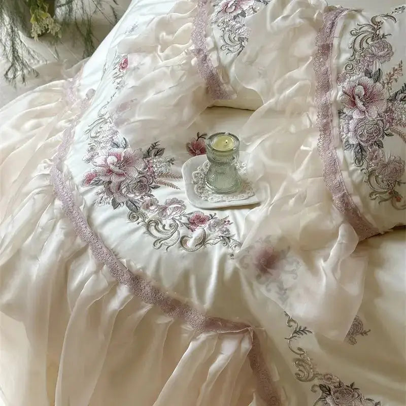 Elegant flowers embroidery lace bedding set bedroom cream cotton