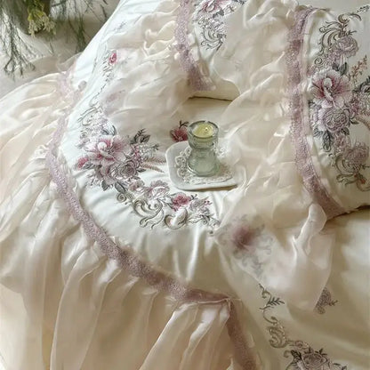 Elegant flowers embroidery lace bedding set bedroom cream cotton