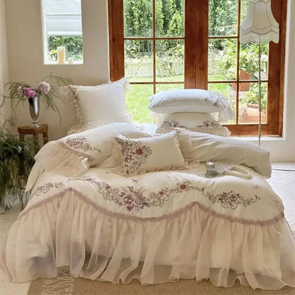 Elegant flowers embroidery lace bedding set bedroom cream cotton