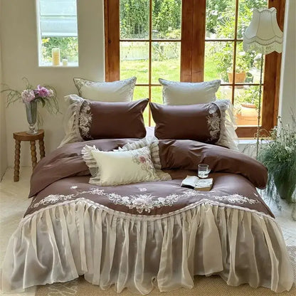 Elegant flowers embroidery lace bedding set bedroom cream cotton