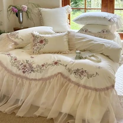 Elegant flowers embroidery lace bedding set bedroom cream cotton