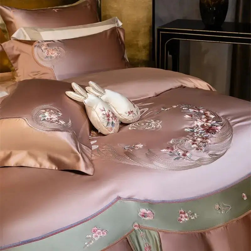 Elegant flowers embroidery rose gold & sage bedding set bedroom