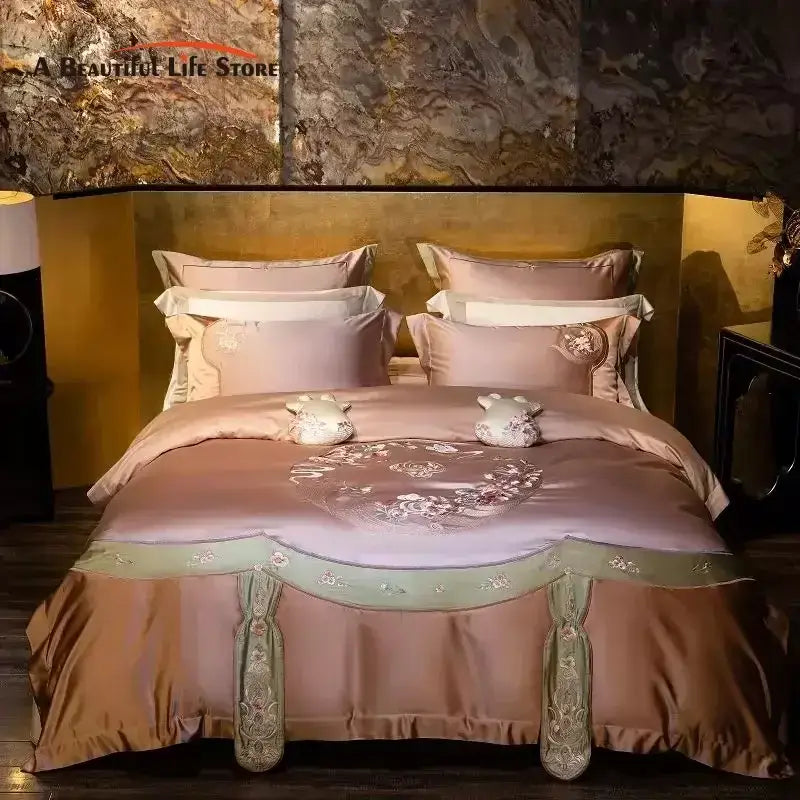 Elegant flowers embroidery rose gold & sage bedding set bedroom