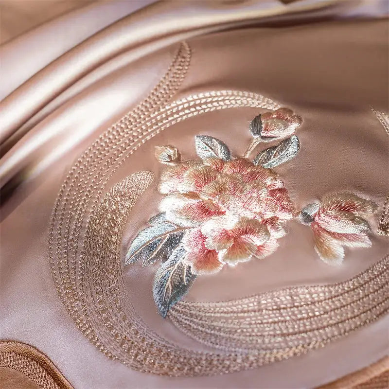 Elegant flowers embroidery rose gold & sage bedding set bedroom