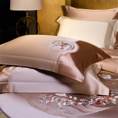 Elegant flowers embroidery rose gold & sage bedding set bedroom