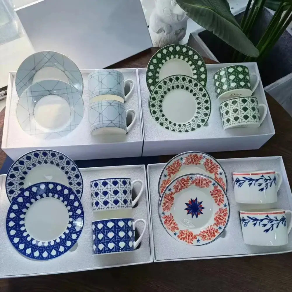 Elegant geometric bone china tea cup set dining room ceramic teaware
