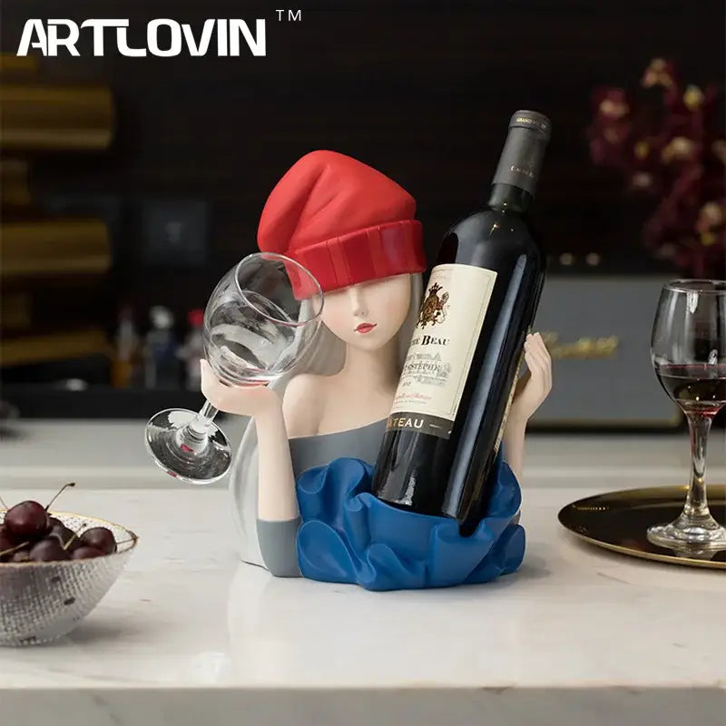 Elegant girl sculpture wine rack red & blue dining room decor