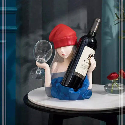 Elegant girl sculpture wine rack red & blue dining room decor