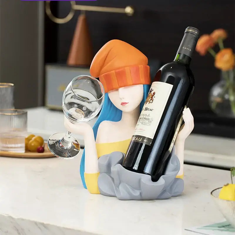 Elegant girl sculpture wine rack red & blue dining room decor