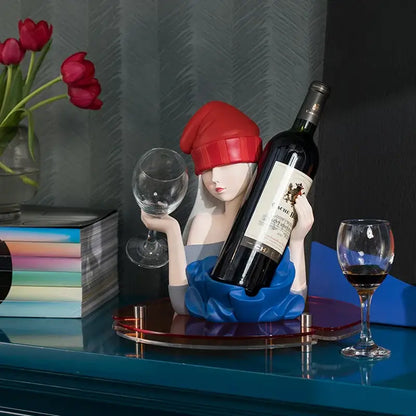 Elegant girl sculpture wine rack red & blue dining room decor