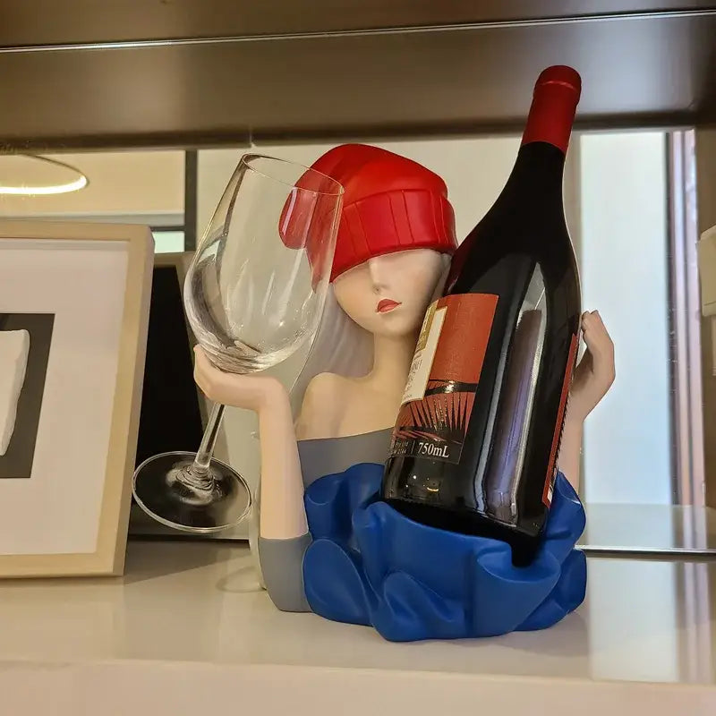 Elegant girl sculpture wine rack red & blue dining room decor
