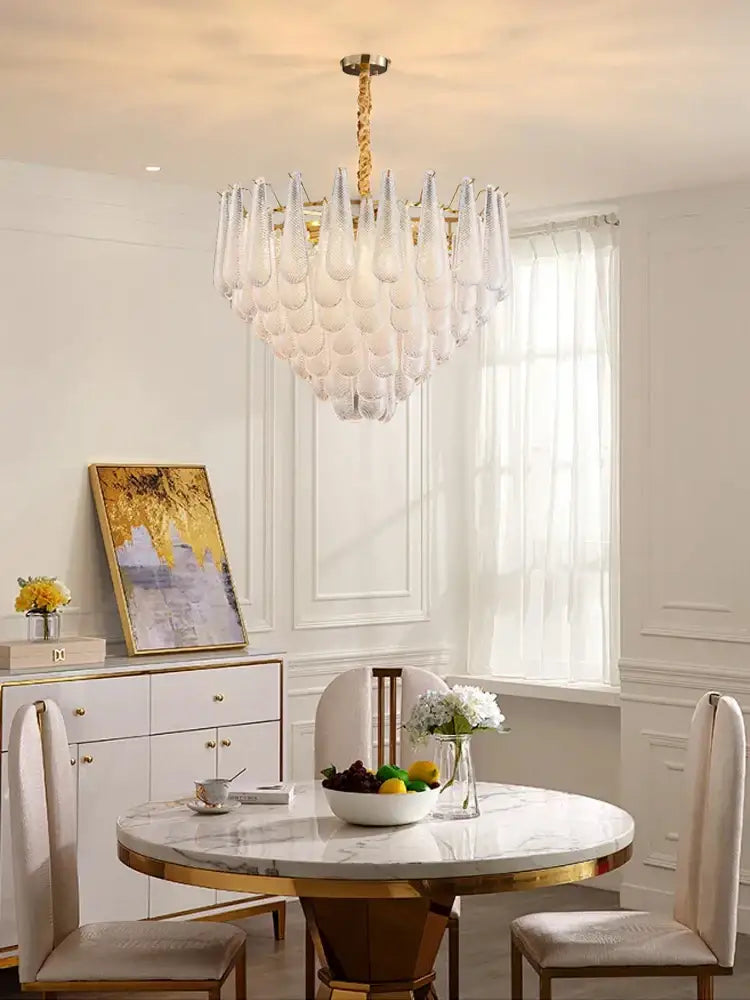 Elegant glass chandelier lighting gold tiered teardrop dining room