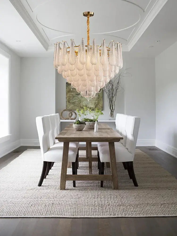 Elegant glass chandelier lighting gold tiered teardrop dining room