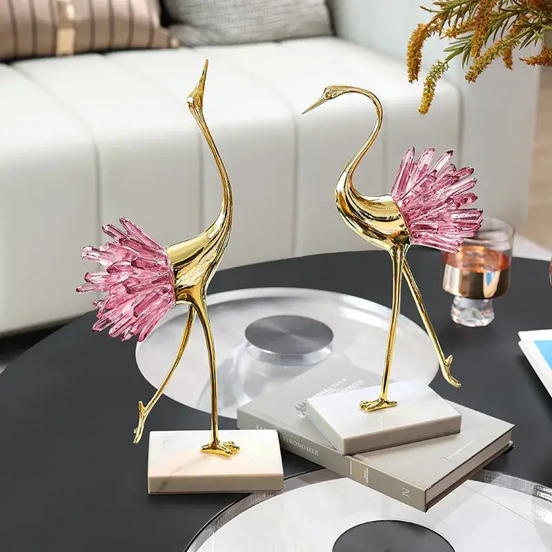 Elegant gold and pink crystal bird decorative figurines living room