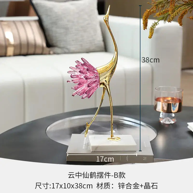 Elegant gold and pink crystal bird decorative figurines living room