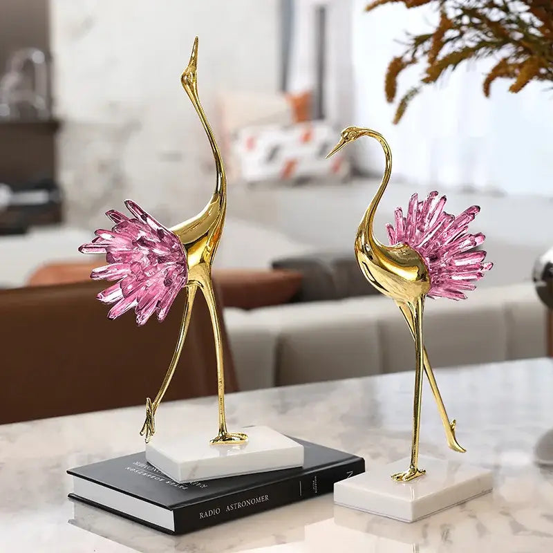 Elegant gold and pink crystal bird decorative figurines living room
