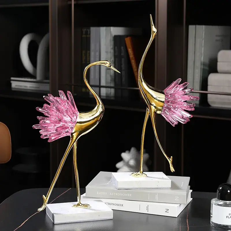 Elegant gold and pink crystal bird decorative figurines living room