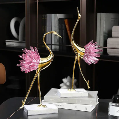 Elegant gold and pink crystal bird decorative figurines living room